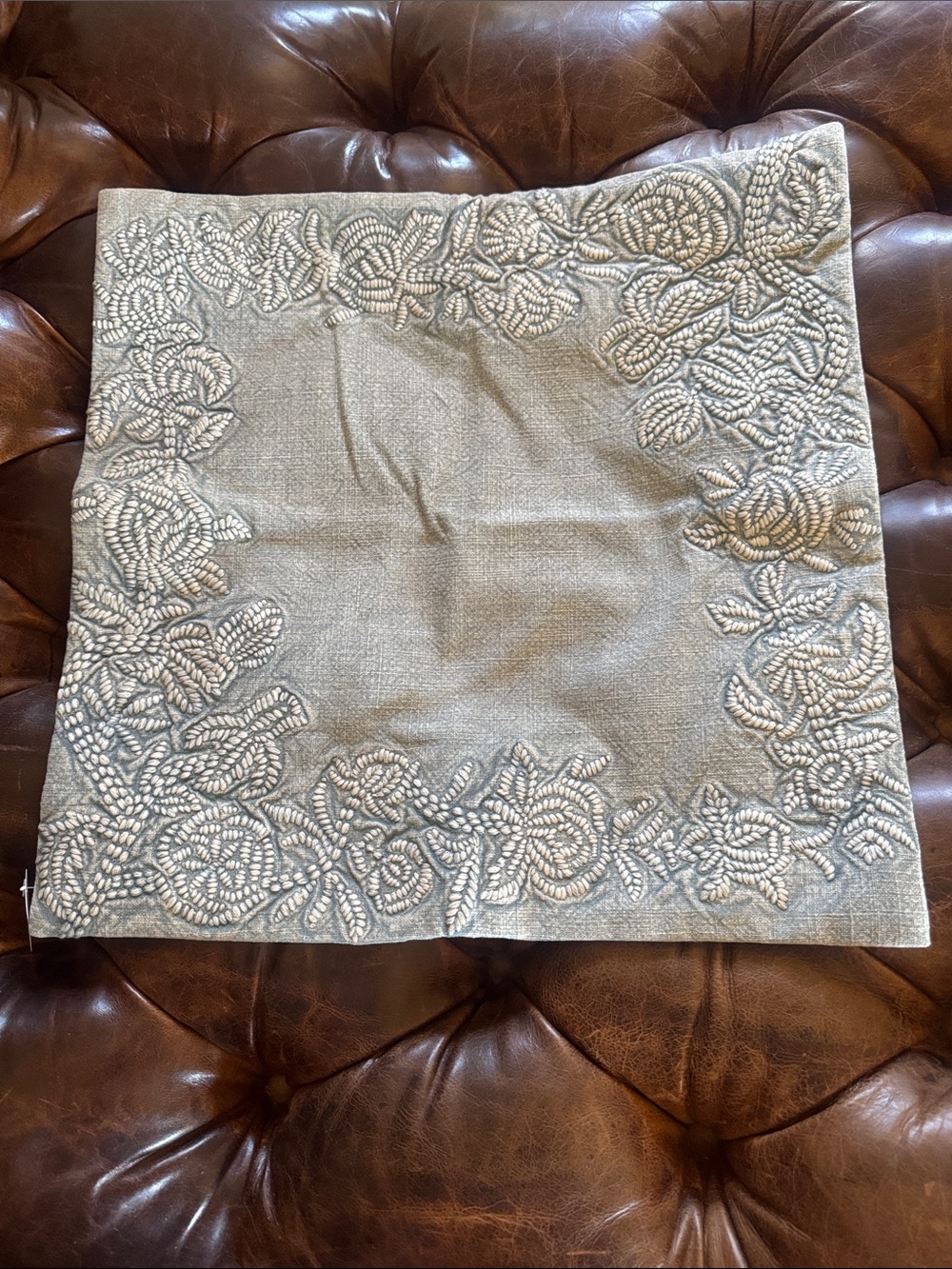 Pottery Barn Raine Embroidered Pillow Chambray Cover - NWT